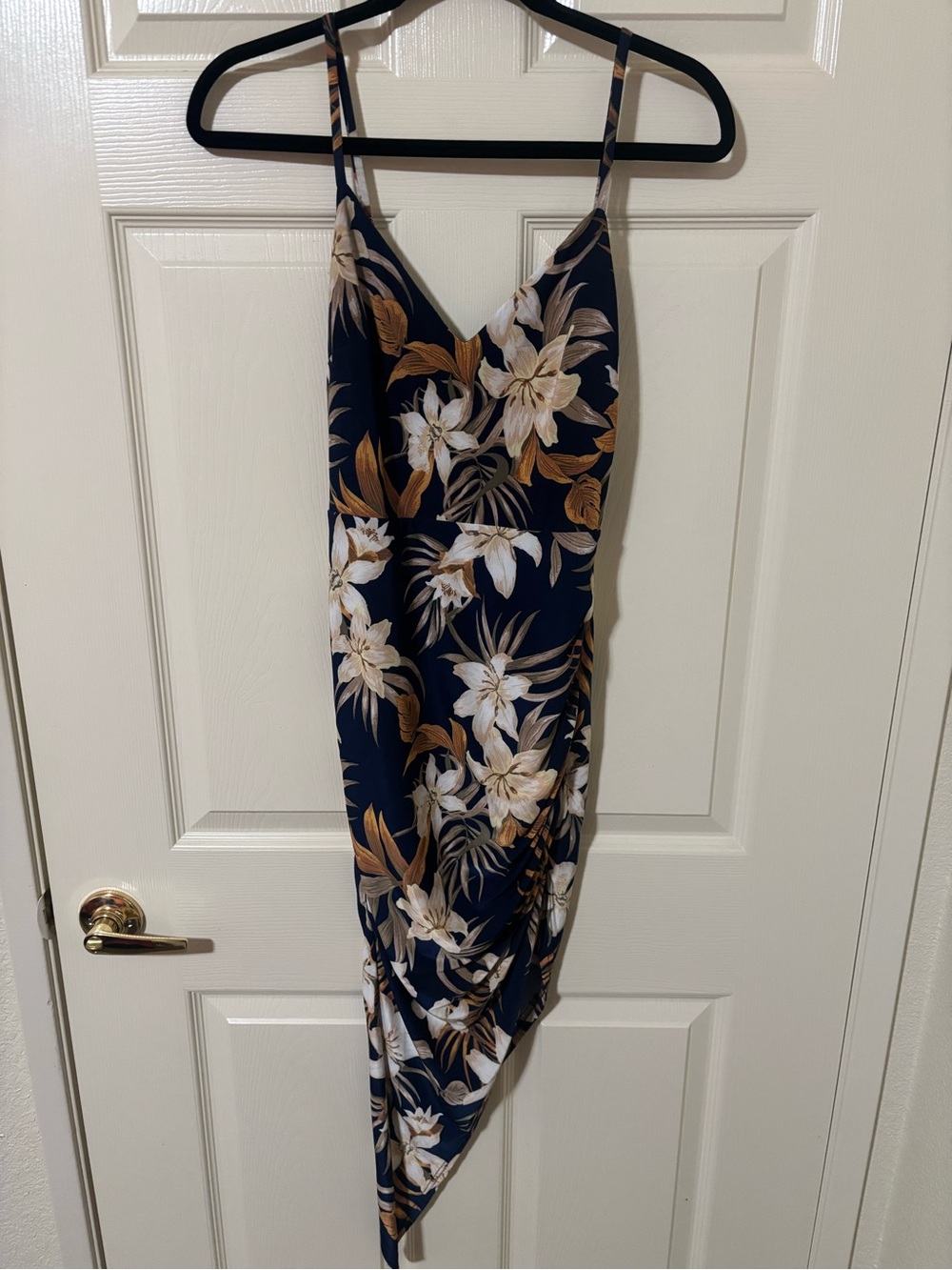 Windsor Navy Floral V-Neck Midi Dress with Tan & White Print